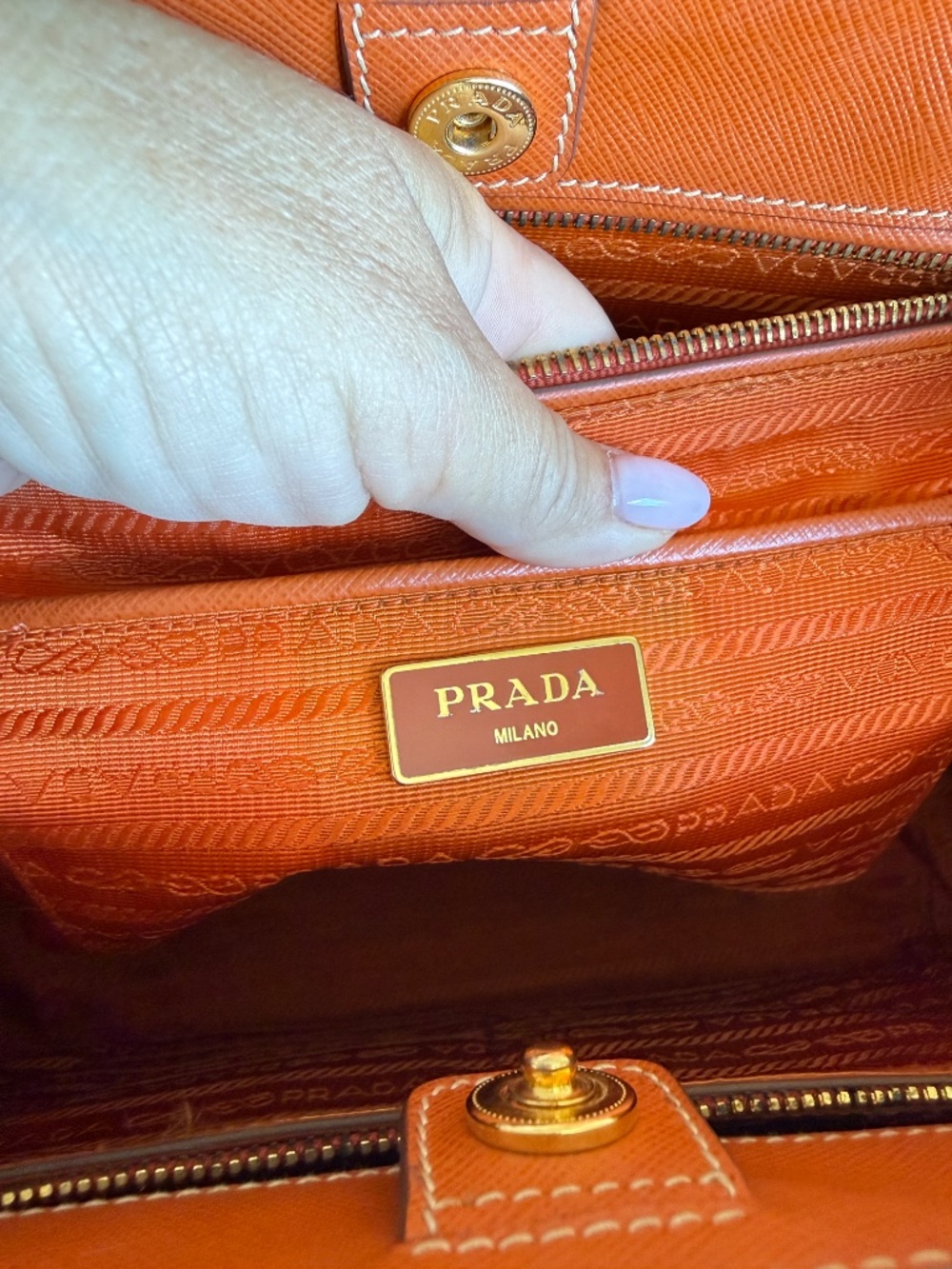 Prada Orange/Yellow Bi Color Saffiano Lux Leather Tote - Picture 4 of 14